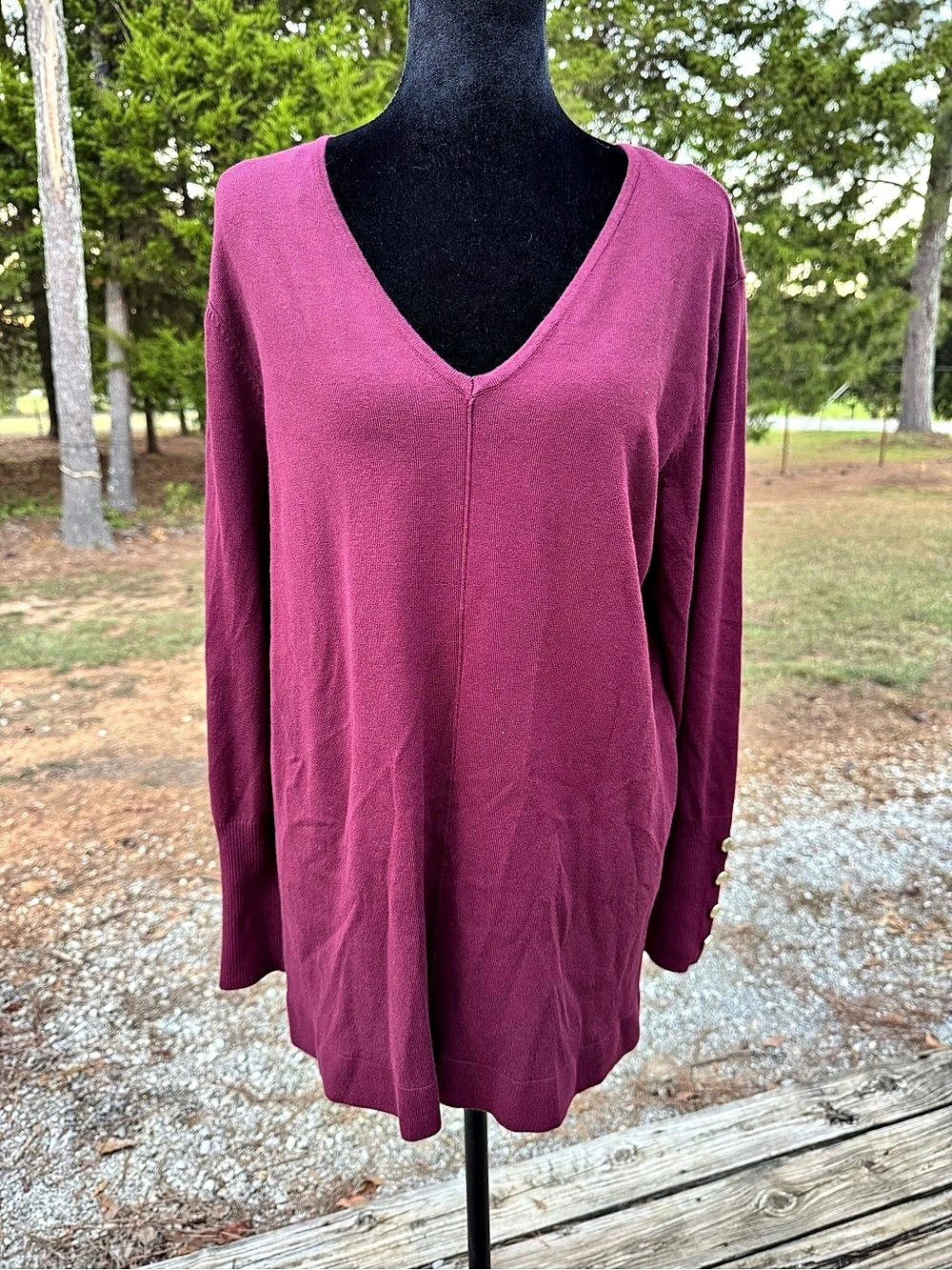 Anne Klein Women's Button Cuff V-Neck Sweater Purple Large